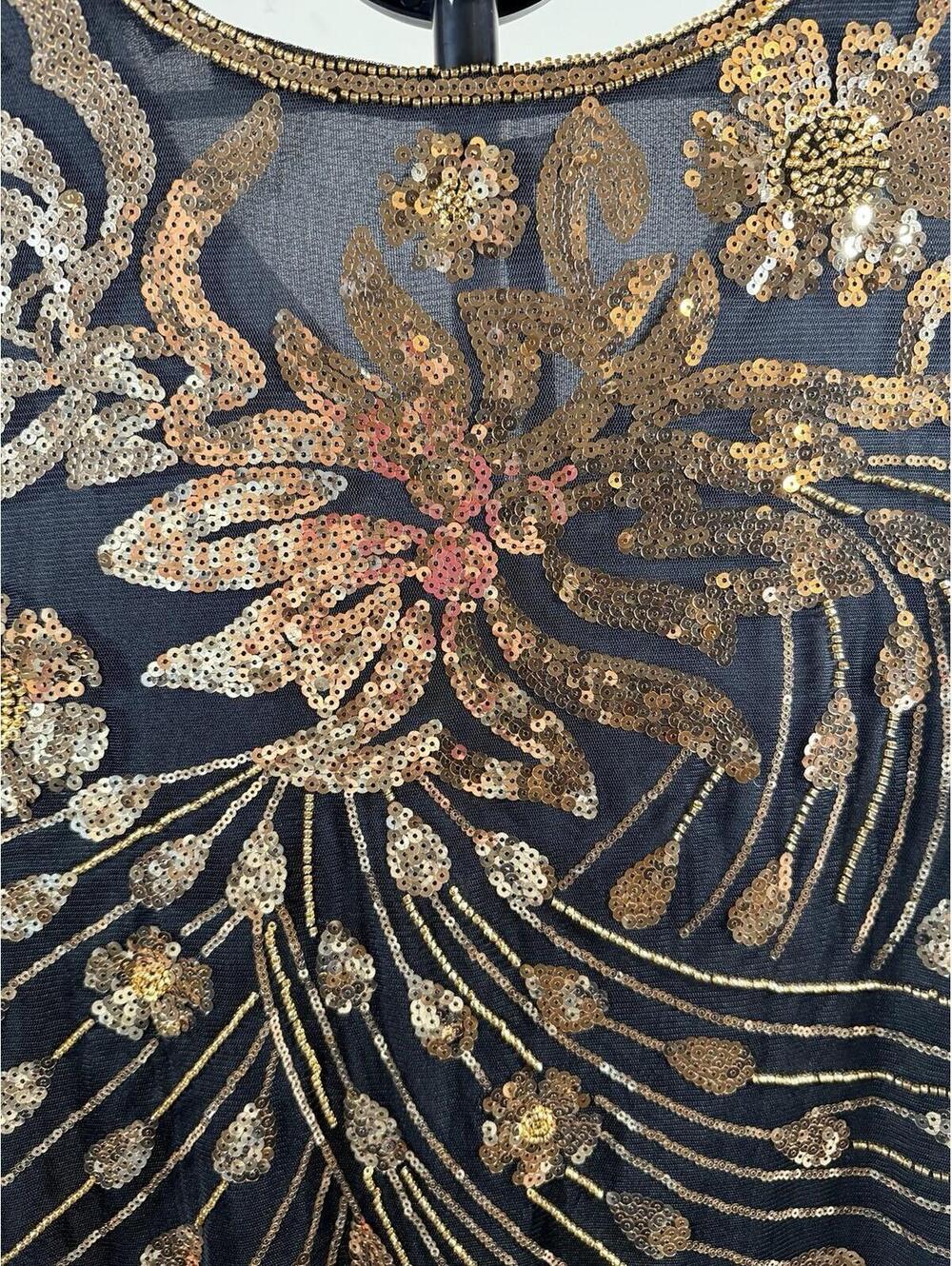Yessa 1920's Flapper Dress Black Gold Sequin Floral Fringe Size XL - Picture 3 of 9